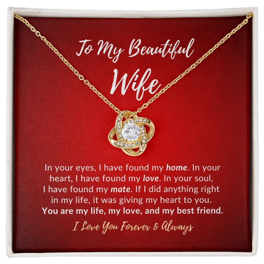 To my beautiful wife message card with yellow gold knot necklace