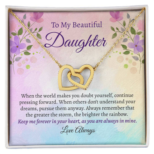 To my beautiful daughter message card with yellow gold hearts necklace.