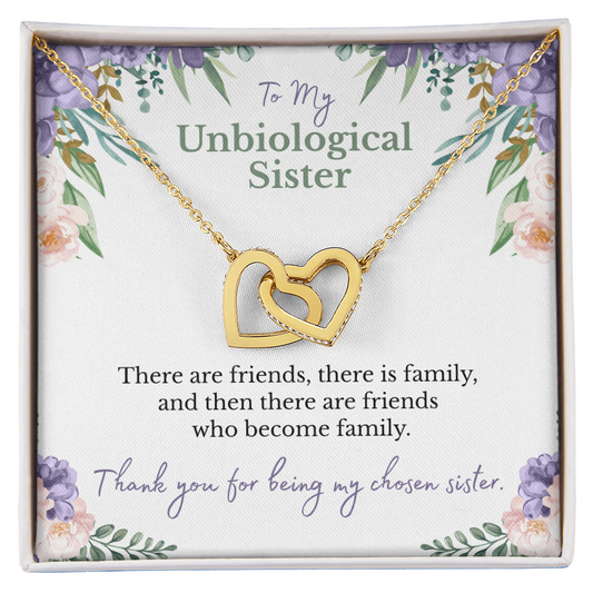 To my unbiological sister message card with yellow gold hearts necklace