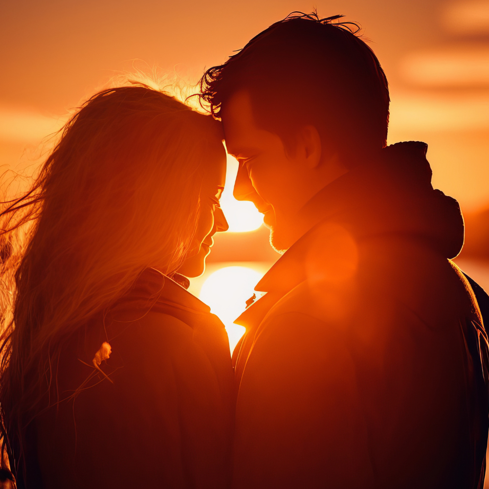 couple touching foreheads with sunset showing in between them