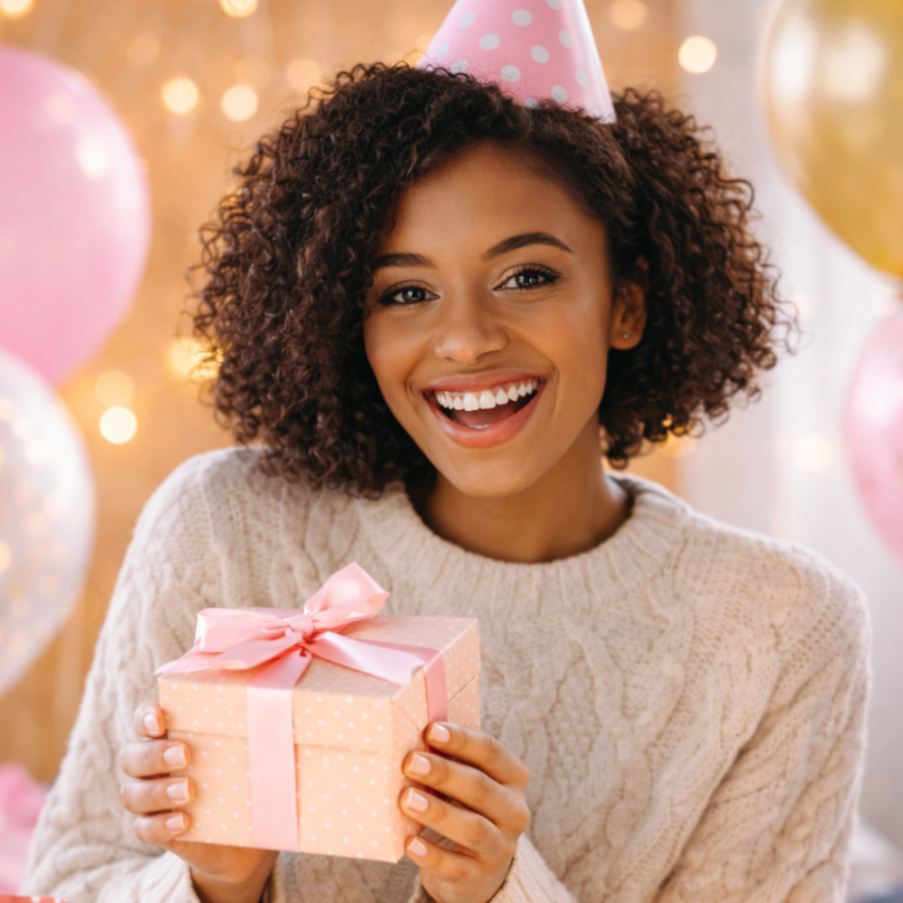 woman holding a gift box smiling with balloons in background