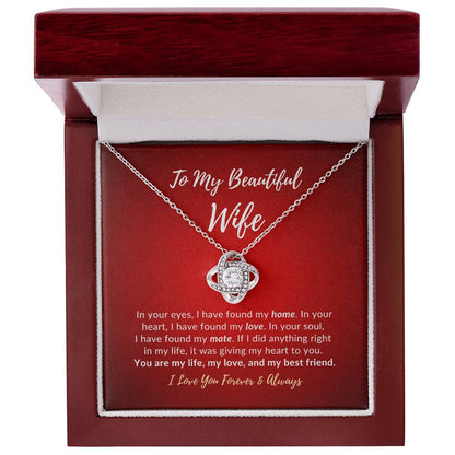 To my beautiful wife message card with white gold knot necklace in luxury box