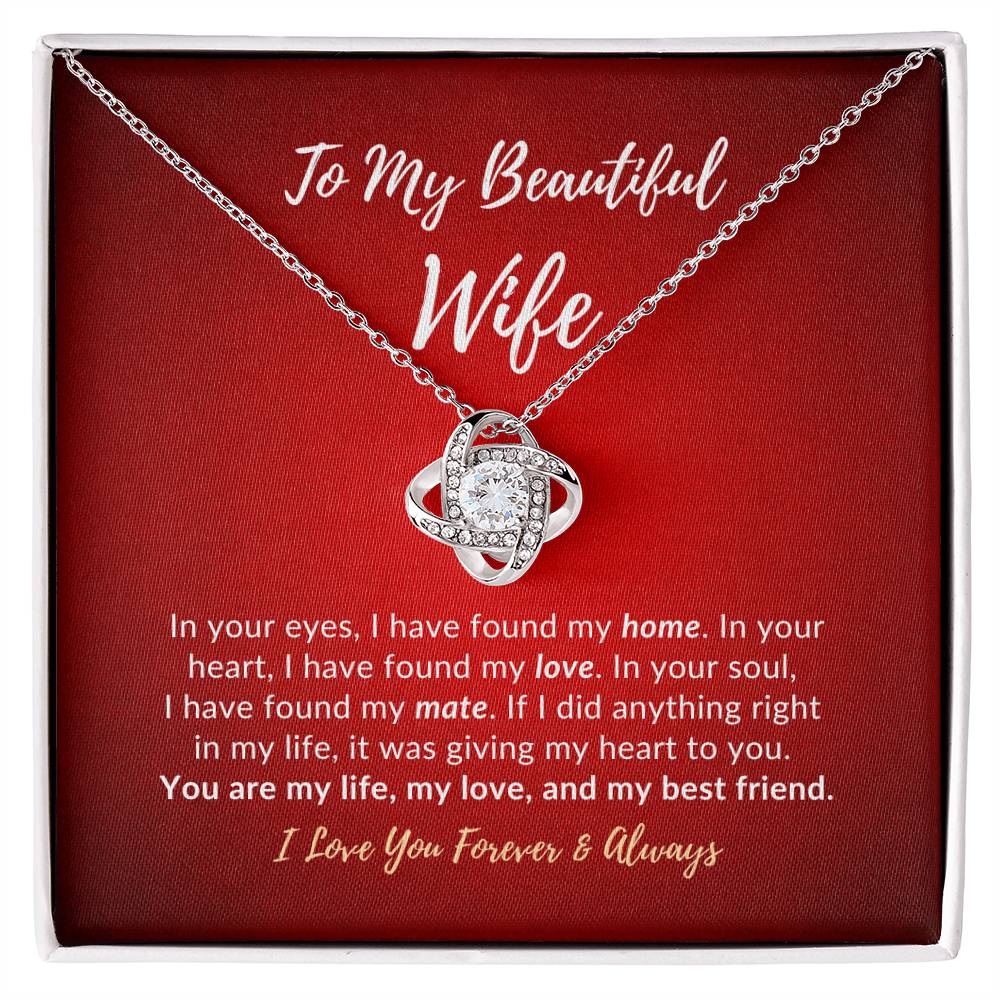 To my beautiful wife message card with white gold knot necklace