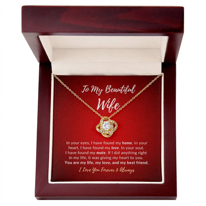 To my beautiful wife message card with yellow gold knot necklace in luxury box