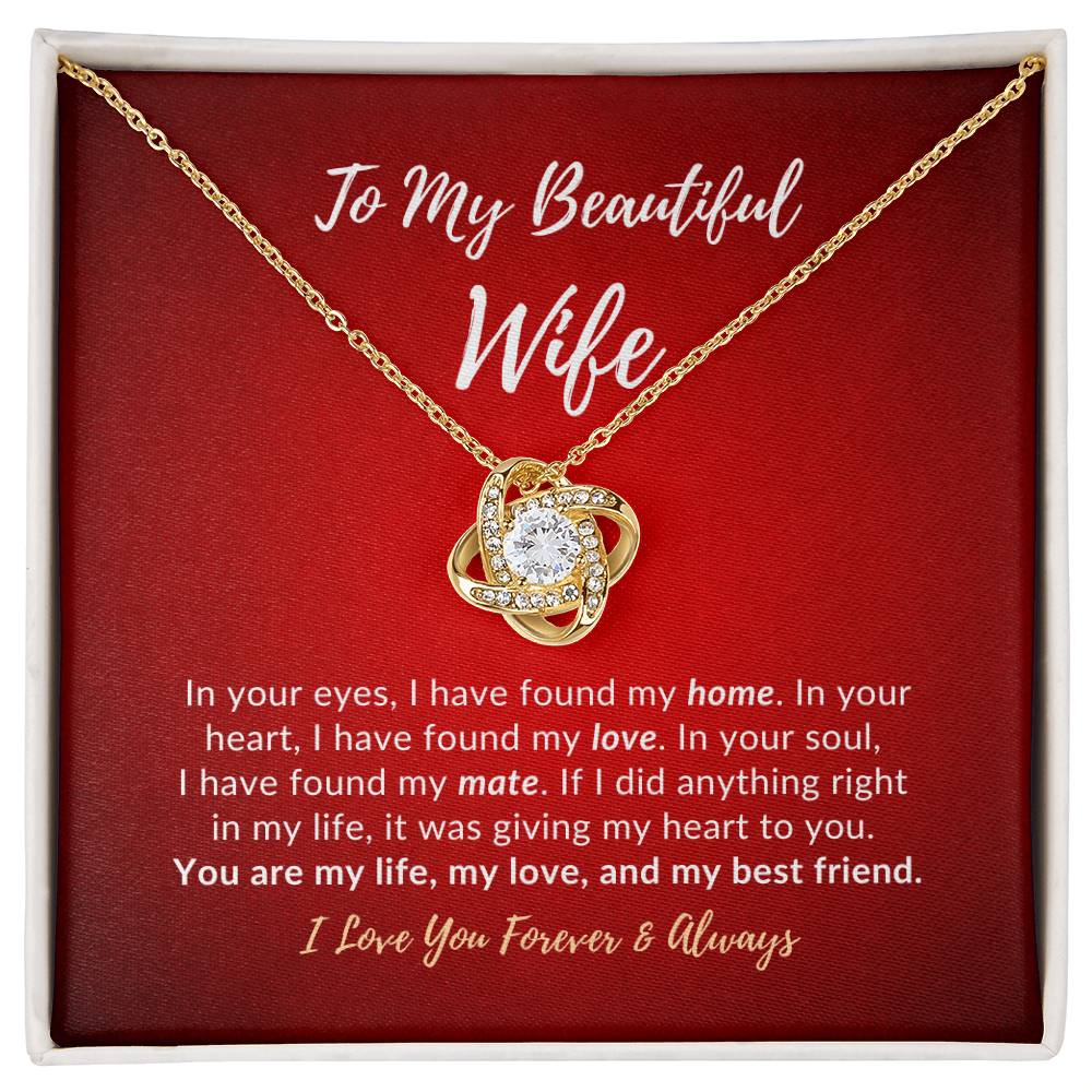 To my beautiful wife message card with yellow gold knot necklace