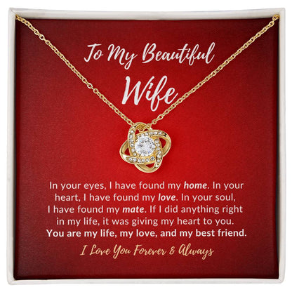 To my beautiful wife message card with yellow gold knot necklace
