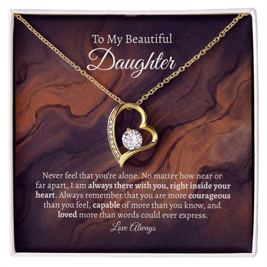 To my beautiful daughter message card with yellow gold heart necklace