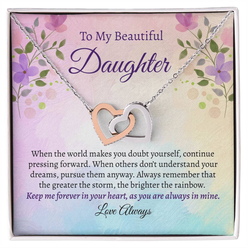 To my beautiful daughter message card with white and rose gold hearts necklace.