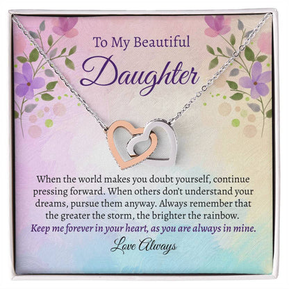 To my beautiful daughter message card with white and rose gold hearts necklace.