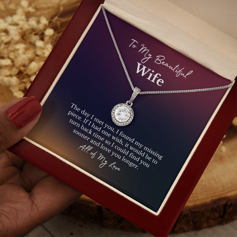 To my beautiful wife message card with a diamond halo white gold necklace in a luxury box with a woman's hand holding it