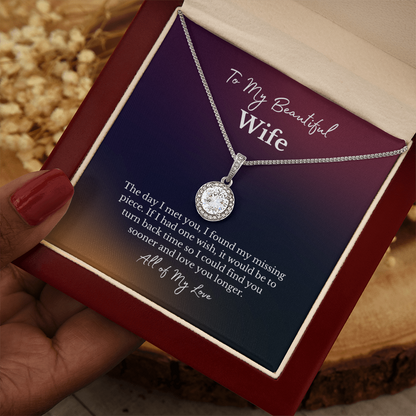 To my beautiful wife message card with a diamond halo white gold necklace in a luxury box with a woman's hand holding it
