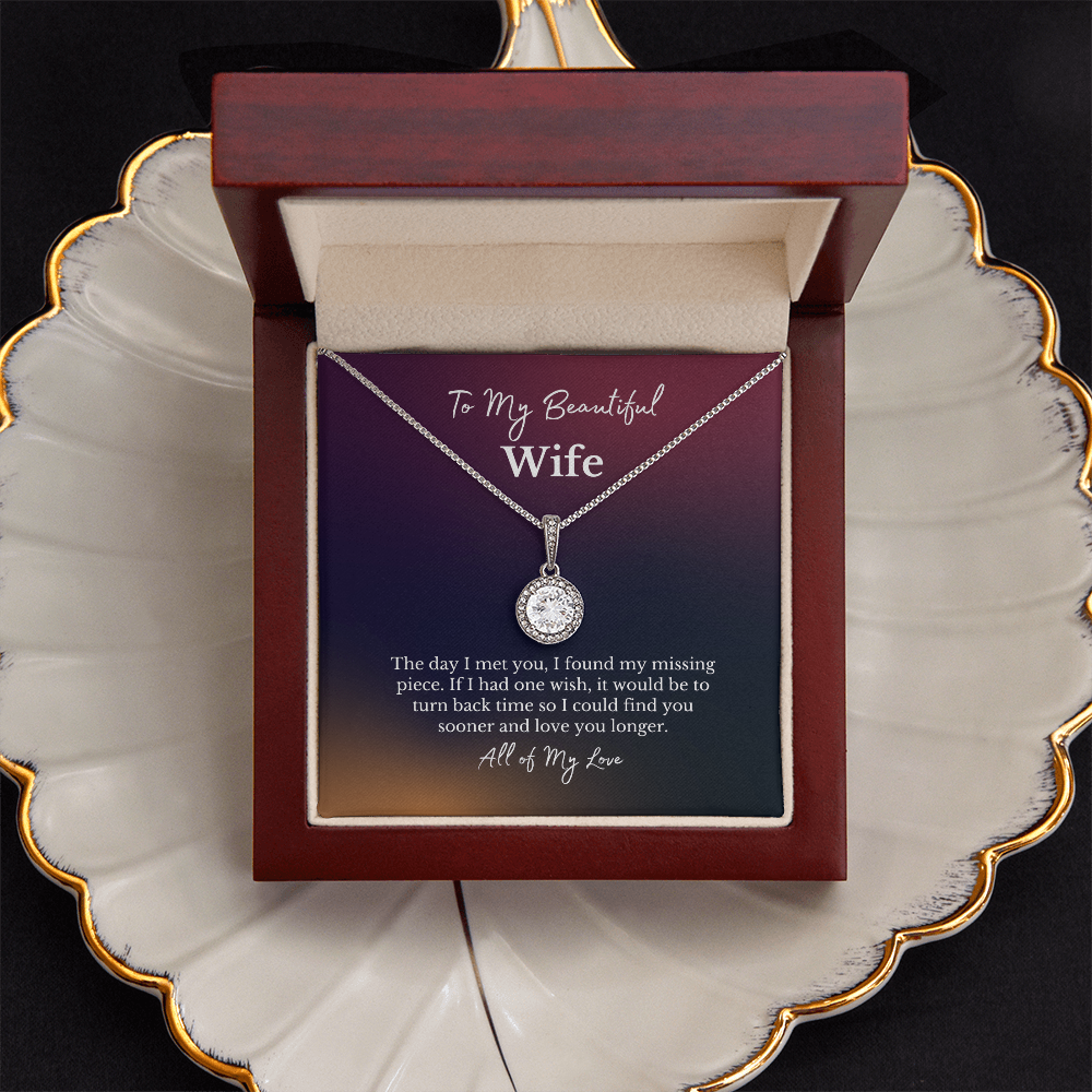 To my beautiful wife message card with a diamond halo white gold necklace on a white shell plate