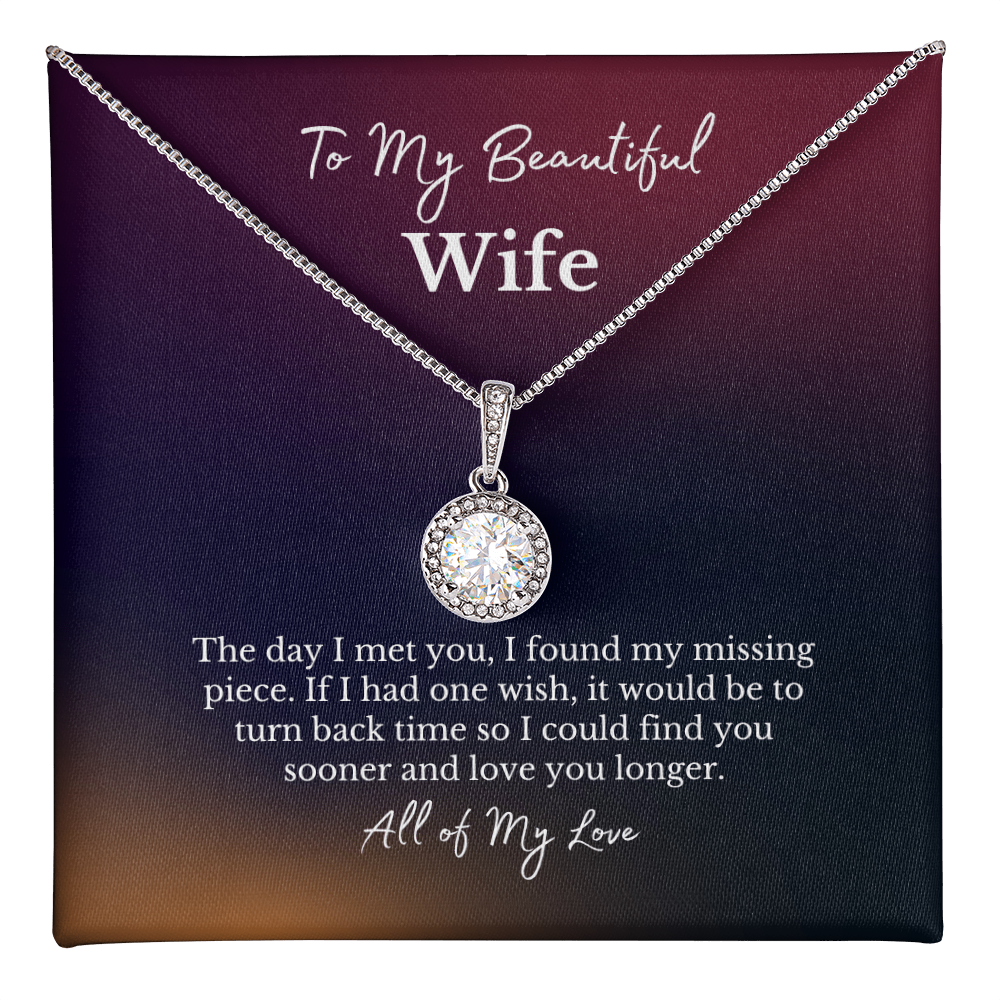 To my beautiful wife message card with a diamond halo white gold necklace