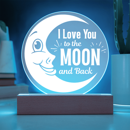 I love you to the moon and back LED plaque showing aqua light feature