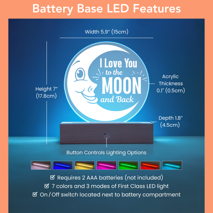 LED night light with moon design and feature details on a blue background