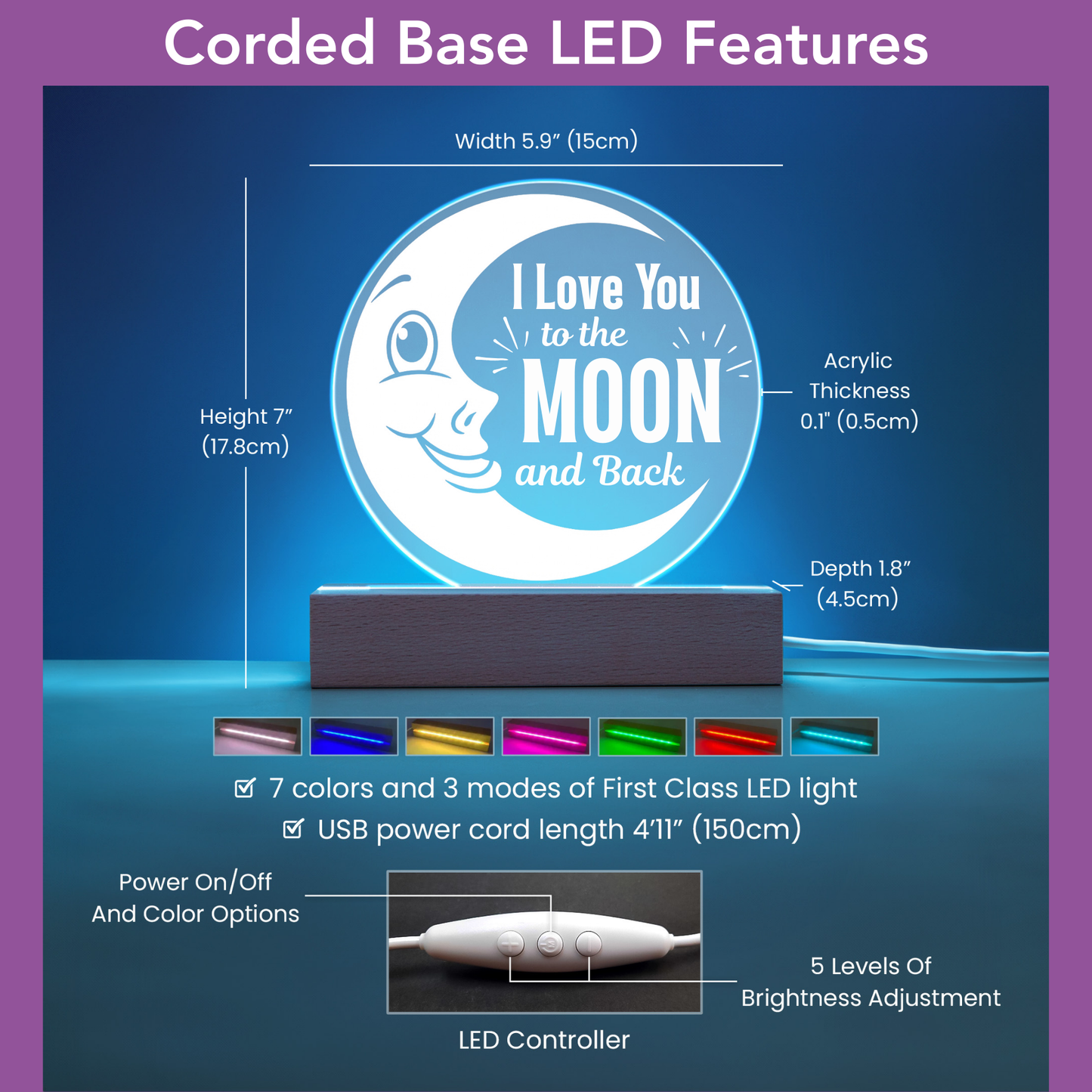Product features of a corded base LED light with dimensions and specifications.