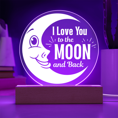 I love you to the moon and back LED plaque showing purple light feature