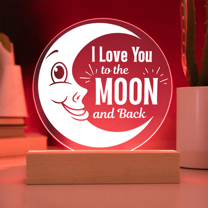 I love you to the moon and back LED plaque showing red light feature
