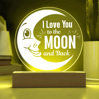 I love you to the moon and back LED plaque showing yellow light feature