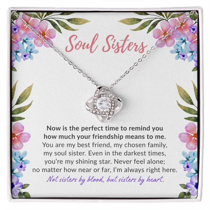 Soul sisters message card with white gold knot necklace.