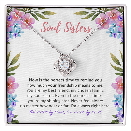 Soul sisters message card with white gold knot necklace.