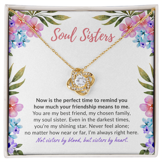 Soul sisters message card with yellow gold knot necklace.
