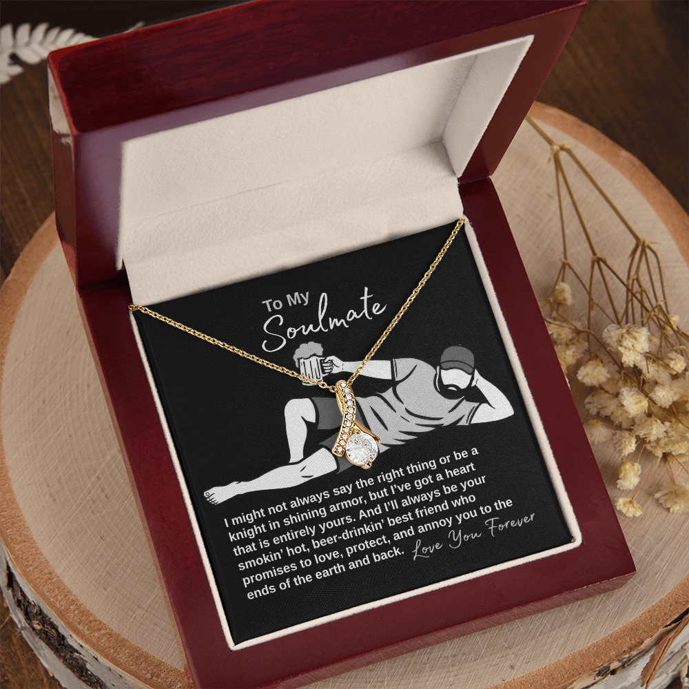 To my soulmate message card with yellow gold necklace in luxury box with dried flowers