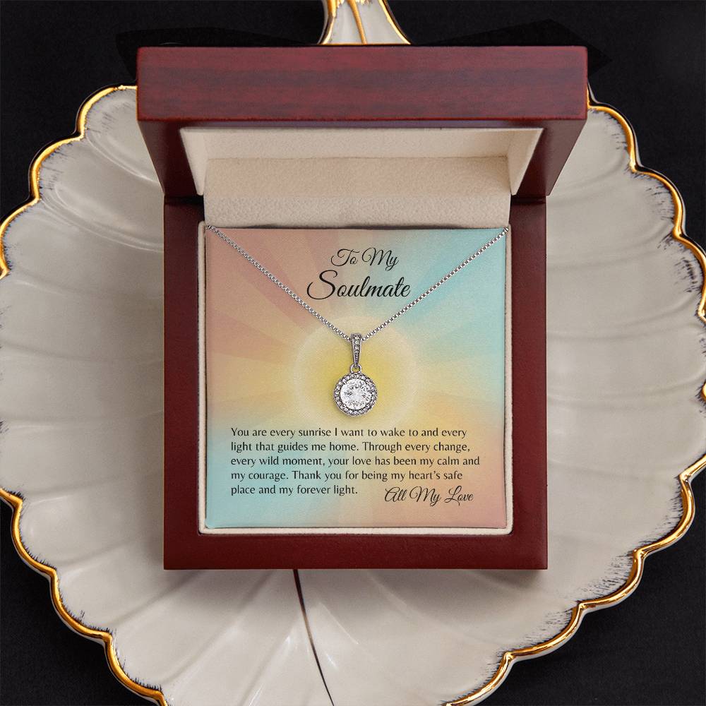 To my Soulmate message card with  white gold cubic zirconia necklace in a luxury box on a shell plate.