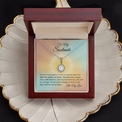 To my Soulmate message card with  white gold cubic zirconia necklace in a luxury box on a shell plate.
