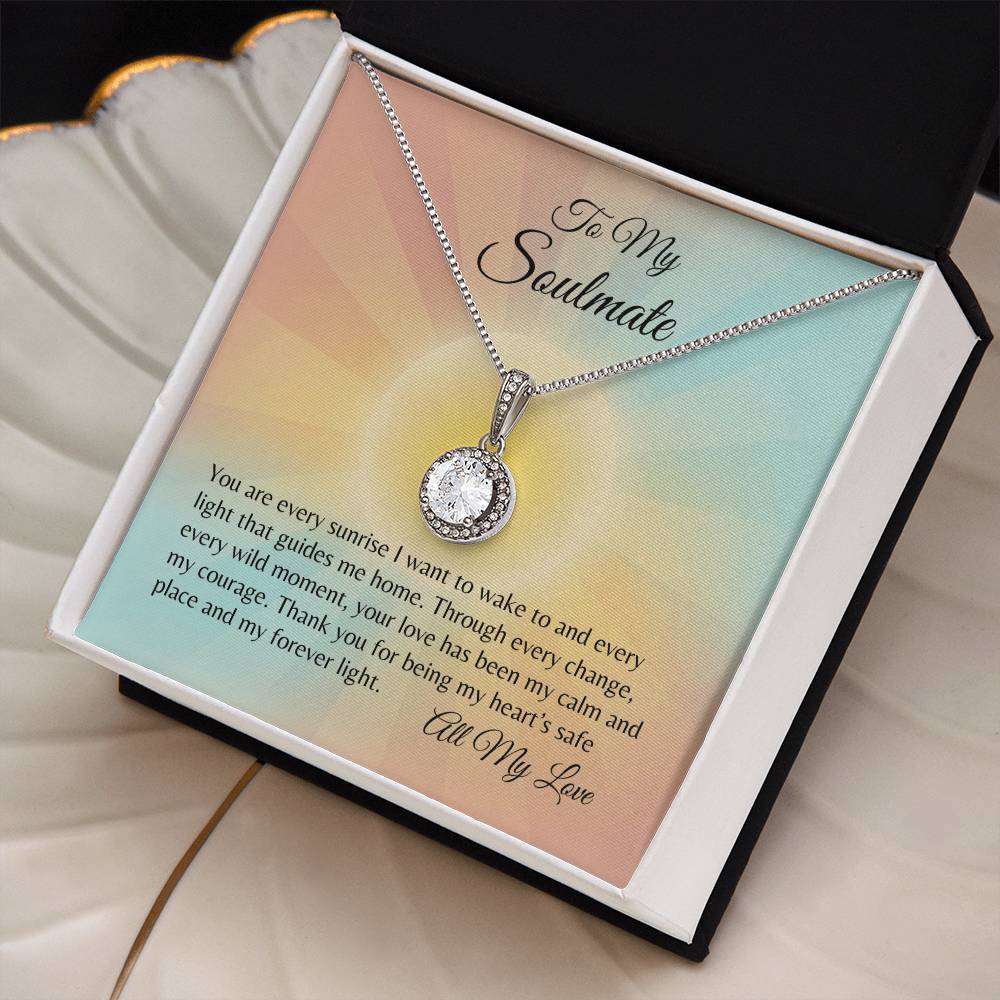 To my Soulmate message card with  white gold cubic zirconia necklace in a box on a leaf plate.