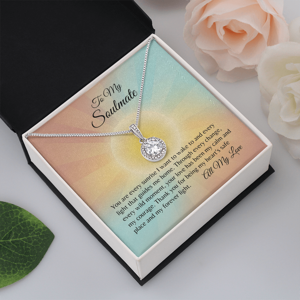 To my Soulmate message card with  white gold cubic zirconia necklace in a box with flowers.