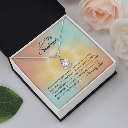 To my Soulmate message card with  white gold cubic zirconia necklace in a box with flowers.