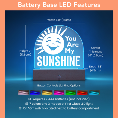 LED light with 'You Are My Sunshine' text and specifications on a blue background