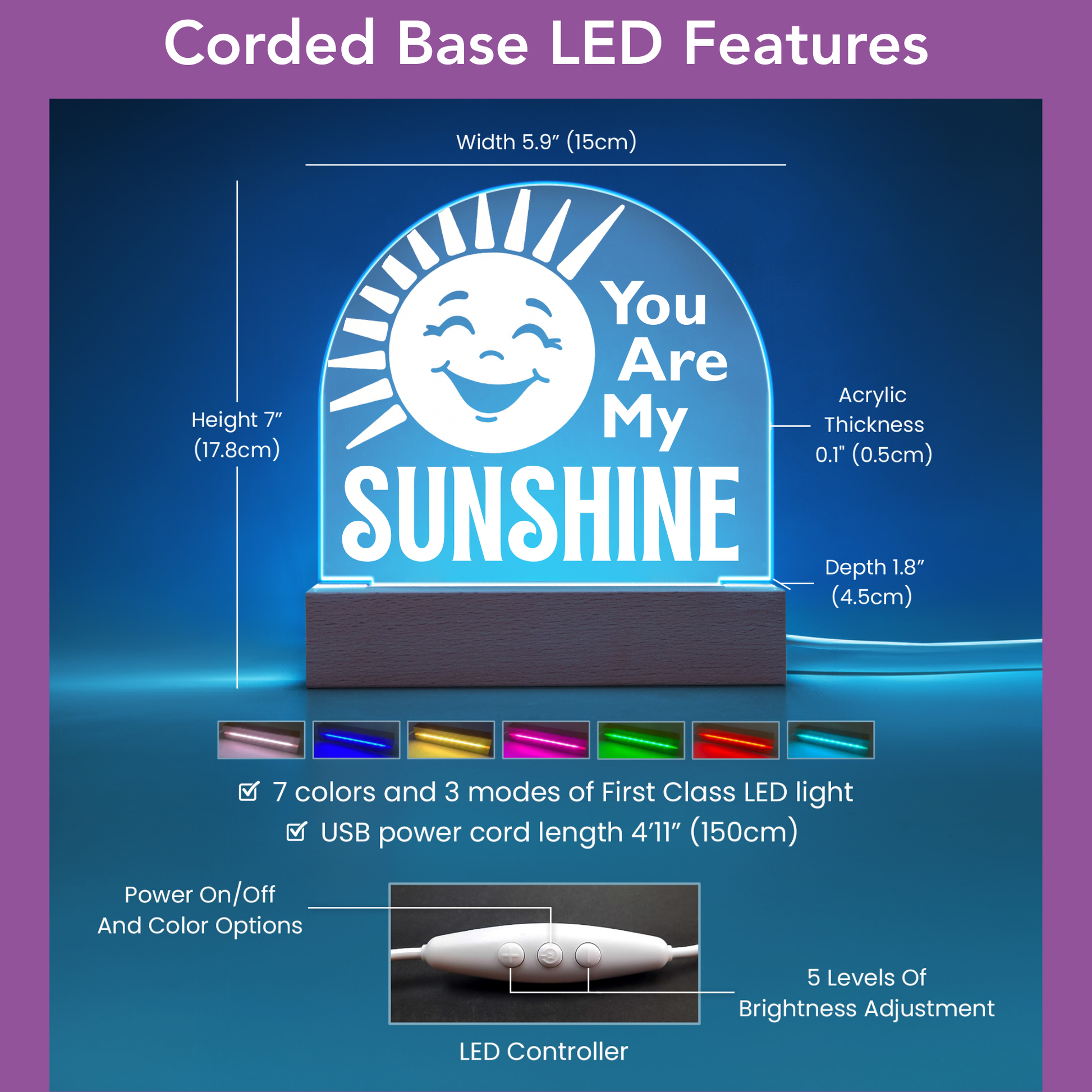 LED night light with 'You Are My Sunshine' text on a blue background