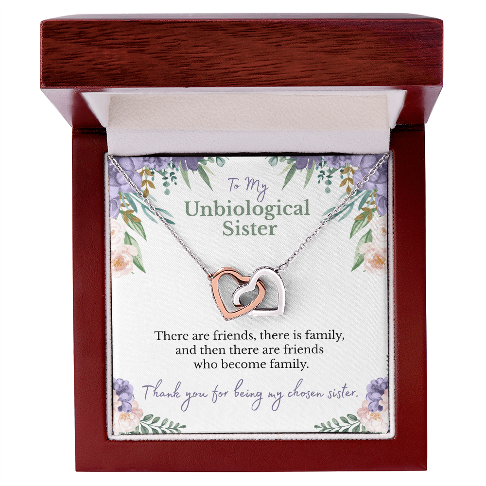 To my unbiological sister message card with rose and white gold hearts necklace in a luxury box