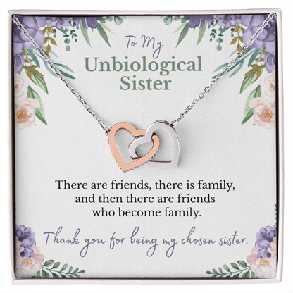 To my unbiological sister message card with rose and white gold hearts necklace