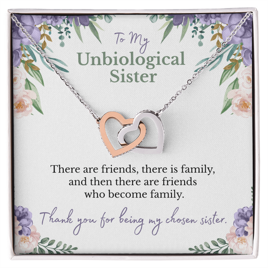 To my unbiological sister message card with rose and white gold hearts necklace