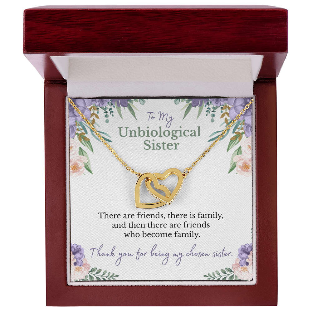 To my unbiological sister message card with yellow gold hearts necklace i n a luxury box