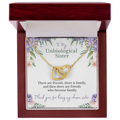To my unbiological sister message card with yellow gold hearts necklace i n a luxury box