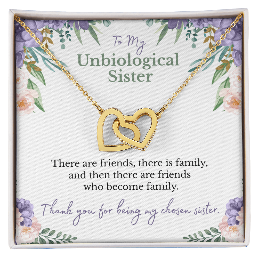 To my unbiological sister message card with yellow gold hearts necklace