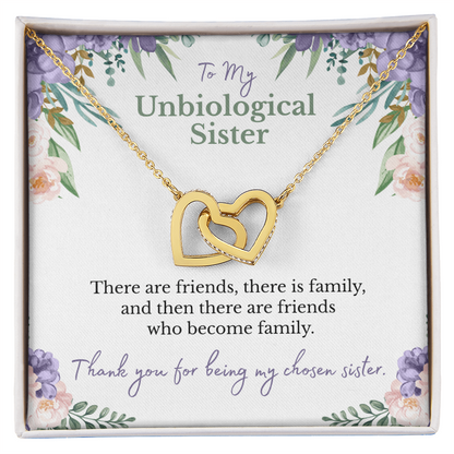 To my unbiological sister message card with yellow gold hearts necklace