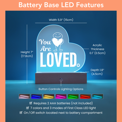 Heart-shaped LED sign with 'You Are Loved' text, showing dimensions and features on a blue background.