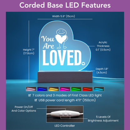 LED light with 'You Are Loved' text on a blue background, featuring dimensions and features.